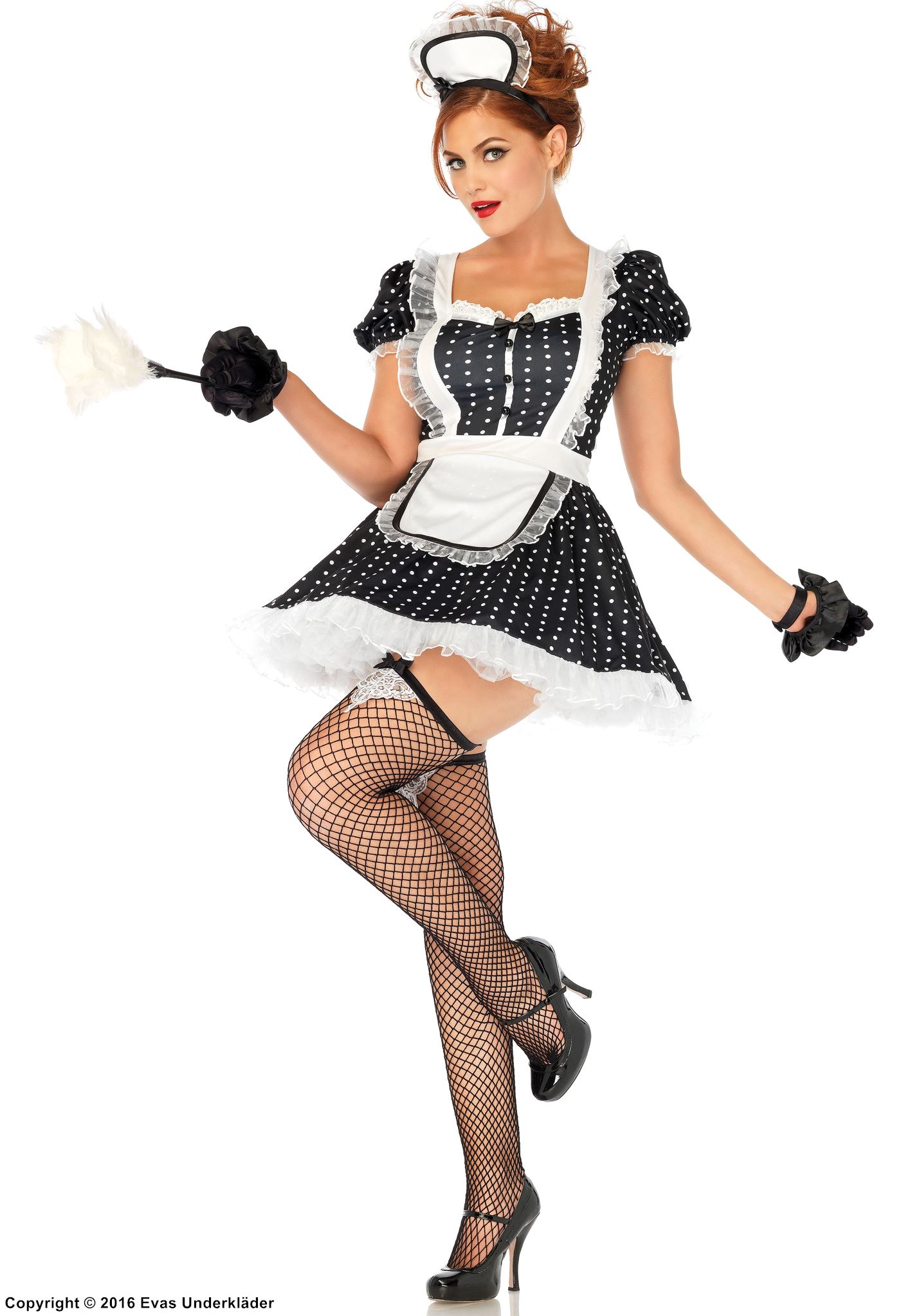 French maid, kostyme-kjole, volanger, puff-ermer, polka dot-prikker